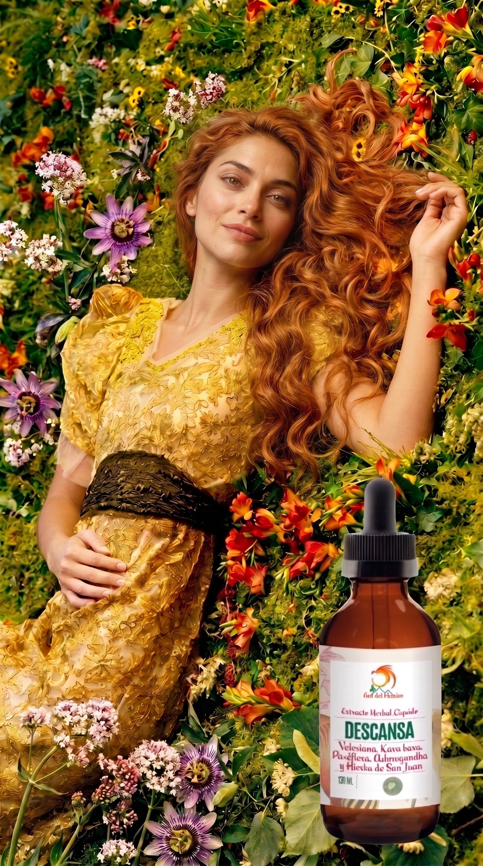 Mujer descansando entre flores junto al extracto herbal Descansa