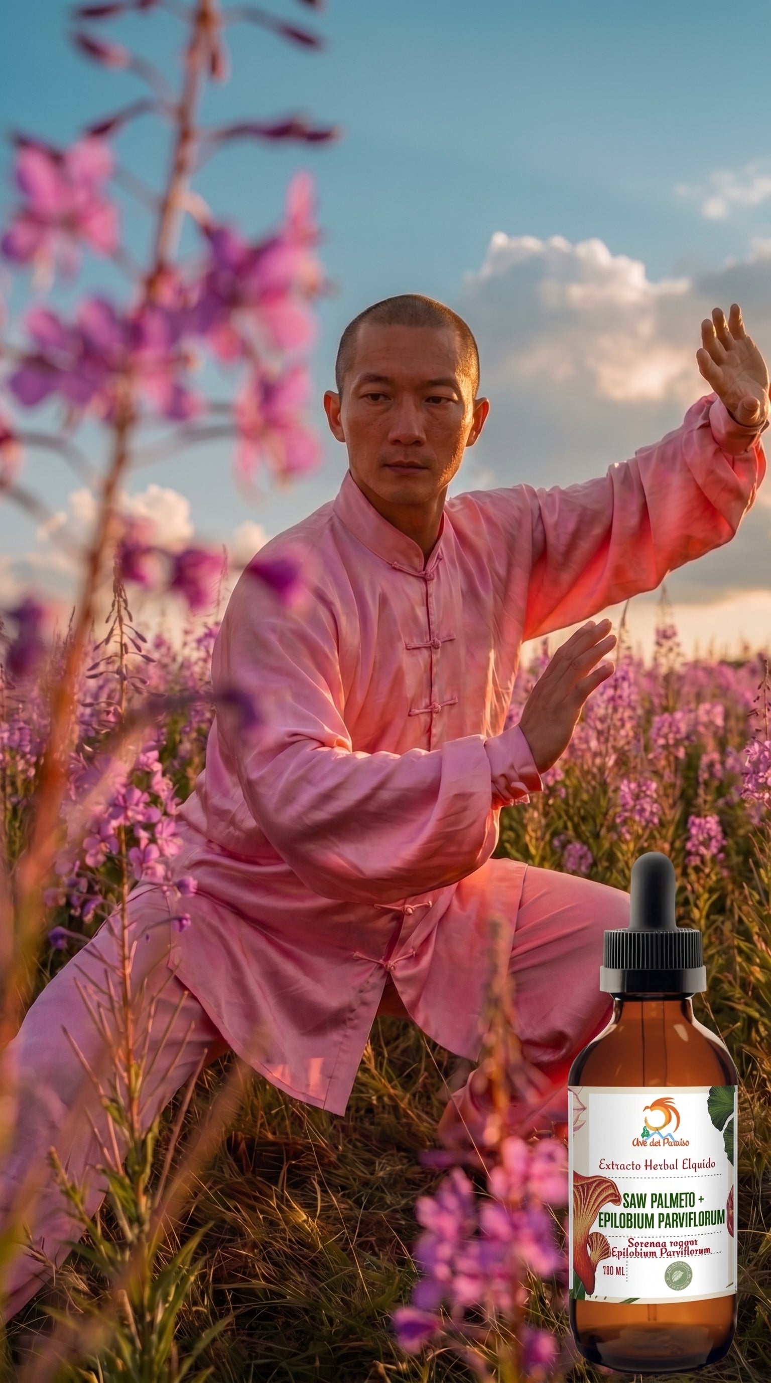 Hombre practicando artes marciales entre flores junto al extracto de Saw Palmetto y Epilobium