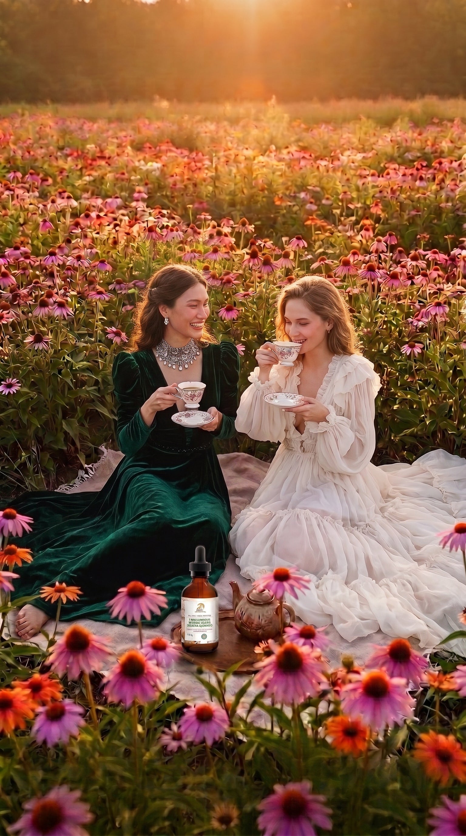 Dos mujeres compartiendo una infusión junto a una fórmula inmunológica en un campo de equináceas